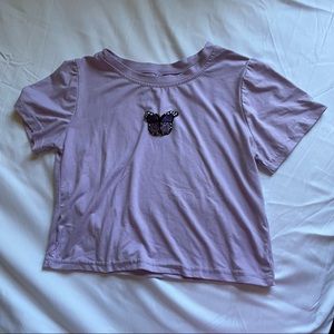 purple cropped embroidered butterfly tee